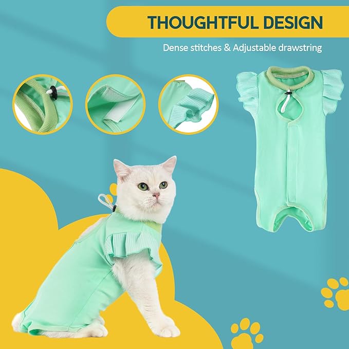 Avont Cat Recovery Suit - Post-Surgery Onesie for Cats, Alternative to Cone of Shame, Protective Spay Suit for Female Kitten, Ideal for Healing and Skin Conditions -Mintgreen(S)
