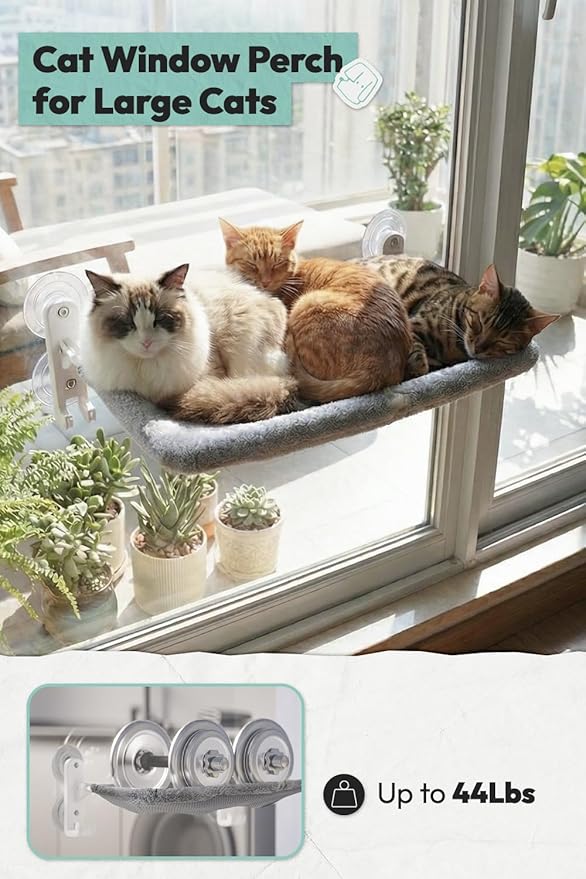 Cordless Cat Window Perch for Large Cats, Glow in The Dark Fabric Cat Hammock for Window with 4 Strong Suction Cups, Easy to Assemble, Foldable Window Seat for Cats Inside, Gray L