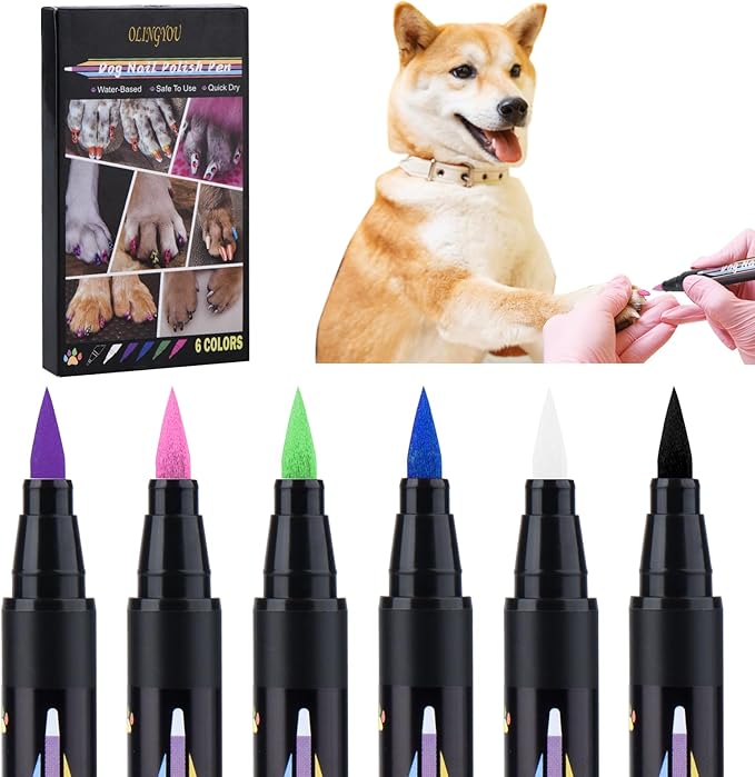 OLINGYOU Dog Nail Polish， Dog Nail Polish Pens Quick Dry-6 Colors, Pet Nail Polish Set for Dogs， DIY Dogs Puppy Nails, Dog Safe Nail Polish Non Toxic, Odorless, Easy to Apply