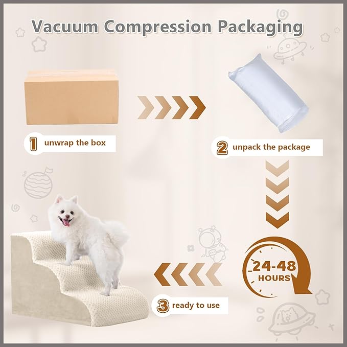 MIHIKK Dog Stairs Ramp, Curved 3-Step Dog Steps for Small Dogs and Cats, Pet Stairs for High Beds and Couch with Anti-Slip Washable Cover and Durable High Density Foam, Beige