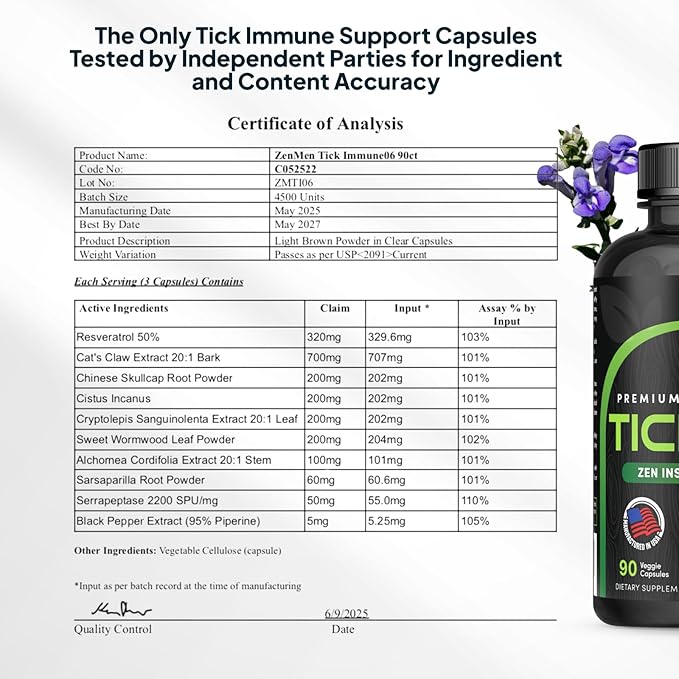Zenmen Tick Immune Support Supplement - Improved Formula - Japanese Knotweed, Cat's Claw, Chinese Skullcap, Cryptolepis Sanguinolenta, Sweet Wormwood - 90 Vegan Capsules, Made in The USA