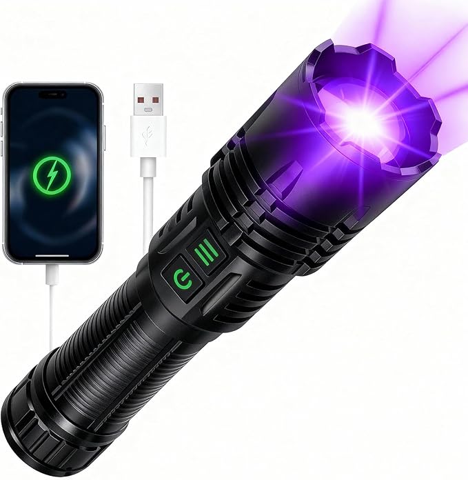2-in-1 UV Flashlight 365nm & High Lumens LED, 5000mAh Rechargeable Tactical Torch, Zoomable Black Light for Pet Urine Detector, Rock Hunting, Resin Curing, Scorpions