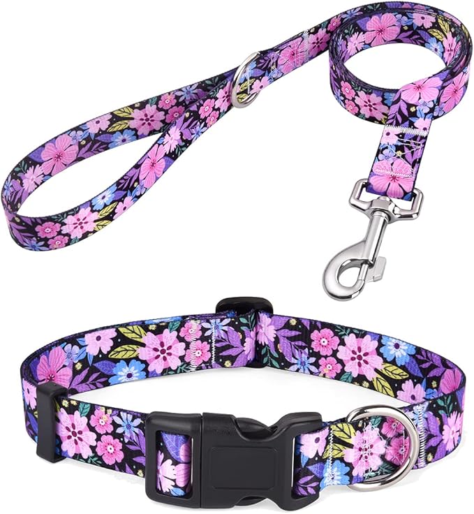 Dog Collar and Leash Set with Bohemia Floral Tribal Geometric Patterns - Soft Ethnic Style Collar Adjustable for Small Medium Large Dogs(Pink Floral Set,L)