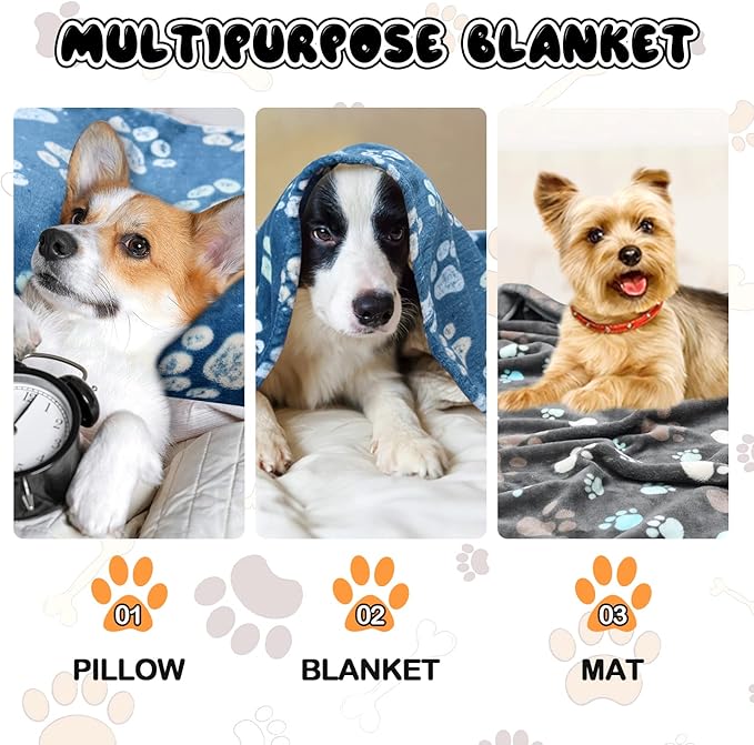 Rezutan Dog Blankets for Large Dogs, Premium Cat Flannel Blanket Washable, Soft Pet Throw Cover for Kennel Crate Bed, Cute Paw Pattern, 41x31 inch, 2Gray1Blue