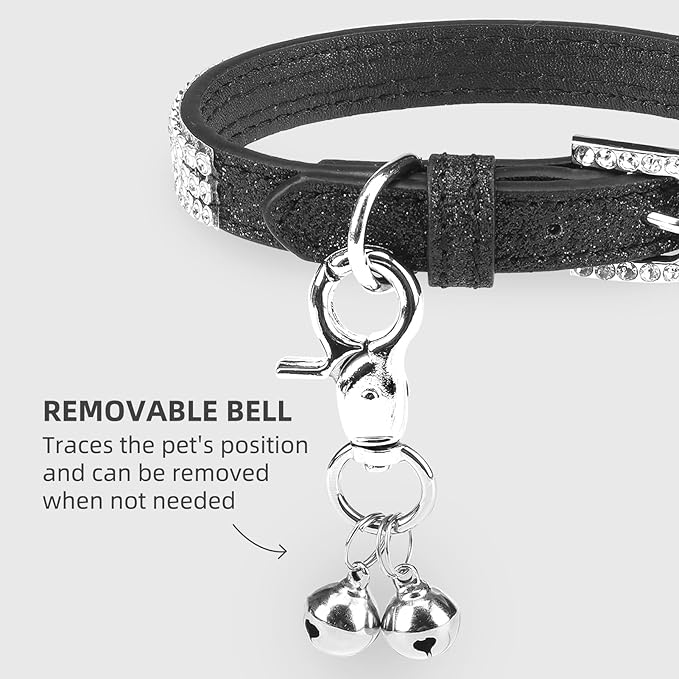 PUPTECK Basic Adjustable Cat Collar with Bling Diamond and Double Bells, for Kitten and Small Puppy, Fashion and Shining Dog Rhinestone Collars, 6-8 in, Black