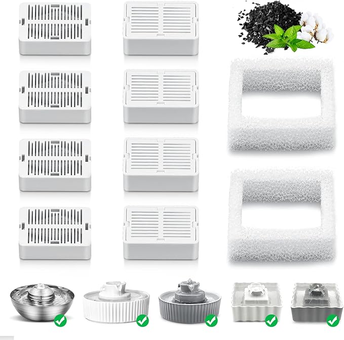 Wave and Cup Cake Porcelain Cat Fountain Filter 8 Carbon Filters 2 Foam Filters Ceramic Pet Fountain Water Dispenser Dog Fountain Replacement Filters(10PACK)