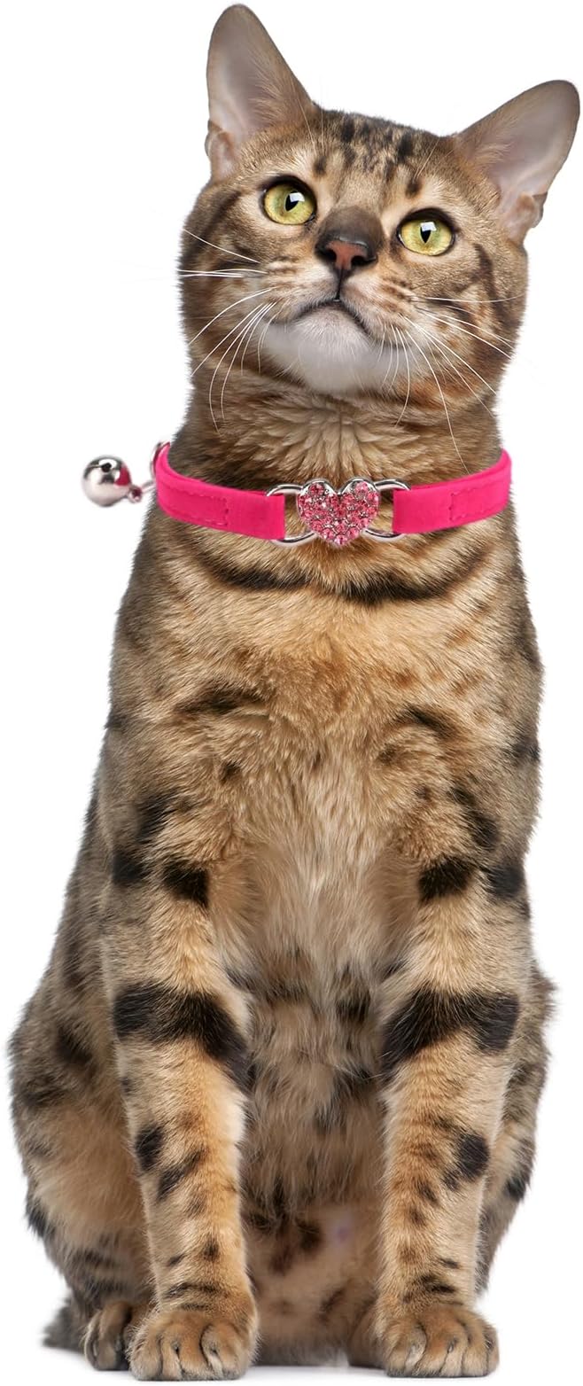 XXS Dog Collar with Bell, Bling Rhinestone Heart Soft Velvet Kitten Collars with Bells for Xs Tiny Dogs Girls Pet Cats, Hot Pink