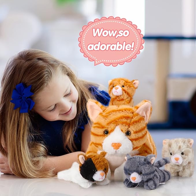 Skylety 5 Pieces Cat Stuffed Animal with Babies Inside Belly Plush Cat Pregnant Mommy Kitty with 4 Cute Fluffy Stuffed Kittens Christmas Birthday Surprise Gifts(Orange)