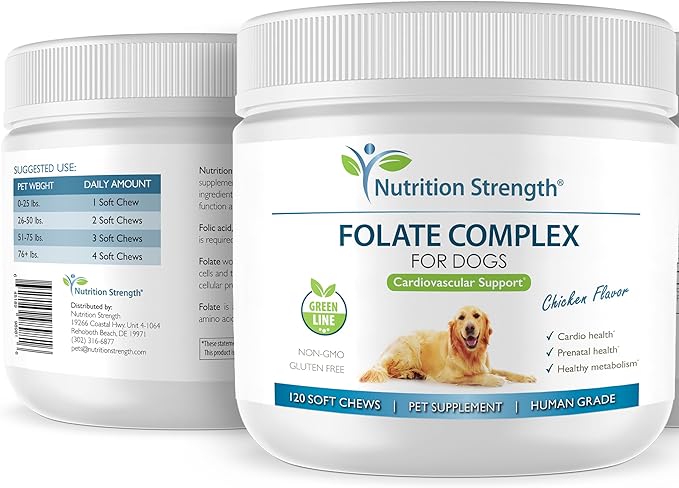 Folate for Dogs to Promote Cardiovascular & Prenatal Health, Support DNA Synthesis & Cell Maintenance, Folic Acid for Dogs with Zinc, Biotin, Iron & Vitamin B12, 120 Soft Chews