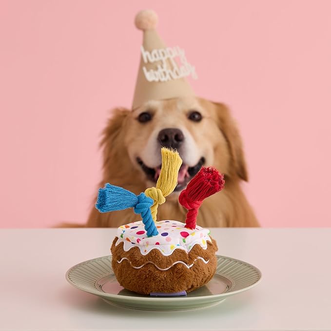 LE SURE Dog Birthday Cake Toy - Cute Squeaky Dog Birthday Toy for Gentle Chewers with Interactive Tug Rope, Plush Interactive Toy for Adult Dogs Birthdays Party, Standard, Milk Chocolate