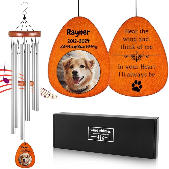 Personalized Dog Memorial Gifts for Loss of Dog - Custom Sympathy Wind Chime with Photo & Name, 26"/32"/37" Outdoor Bereavement Keepsake for Garden or Patio(Silver)