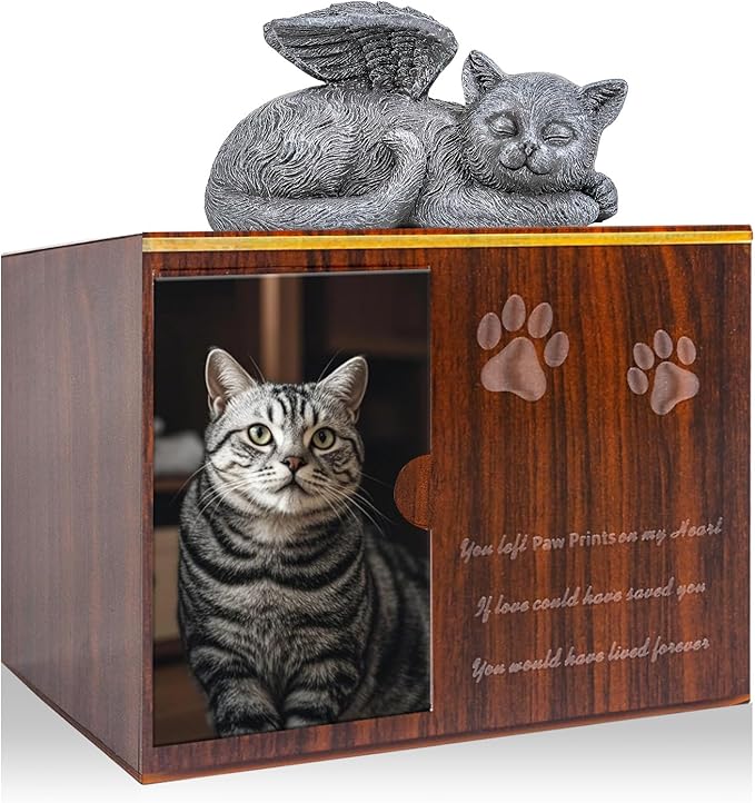 Cat Urn for Ashes - Large Wooden Texture Acrylic Memorial Urn with Angel Cat Statue, Pet Urns for Cats Ashes Keepsake Box - Sympathy Remembrance Gift for Loss of Beloved Pet Urns for Cats