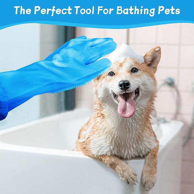 Dog & Cat Grooming Gloves – 2-in-1 Silicone Shower Gloves with Finger Toothbrush – Soft, Multifunctional Pet Hair Remover for Bathing, Massaging & Cleaning(Blue)