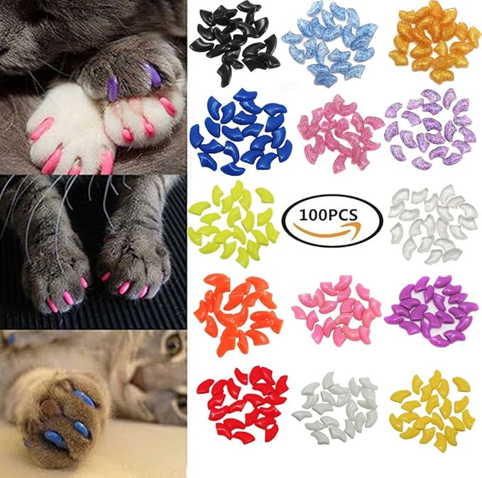 VICTHY Cat Nail Caps, 100pcs Medium Size 5 Colors with Glue and Applicators, Safe for Cat Claw Care, Protect Homes and Furniture, Prevent Scratch Disease, Long-lasting, Skin-friendly