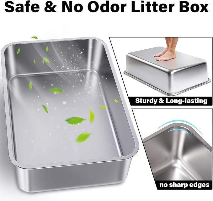 Stainless Steel Litter Box,Metal Cat Litter Box-6" High Side for Cats,Cat LitterBox for Kitty/Kitten and Rabbits, Stainless Steel Cats Litterbox, Easy Clean Non Stick No Smell