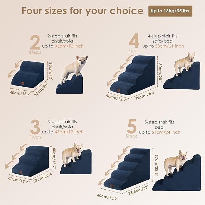 EHEYCIGA Curved Dog Stairs Ramp for Small Dogs 15.7" H, 3-Step Dog Steps for Couch Sofa and Chair, Pet Stairs for Cats, Non-Slip Balanced Pet Steps Indoor, Navy