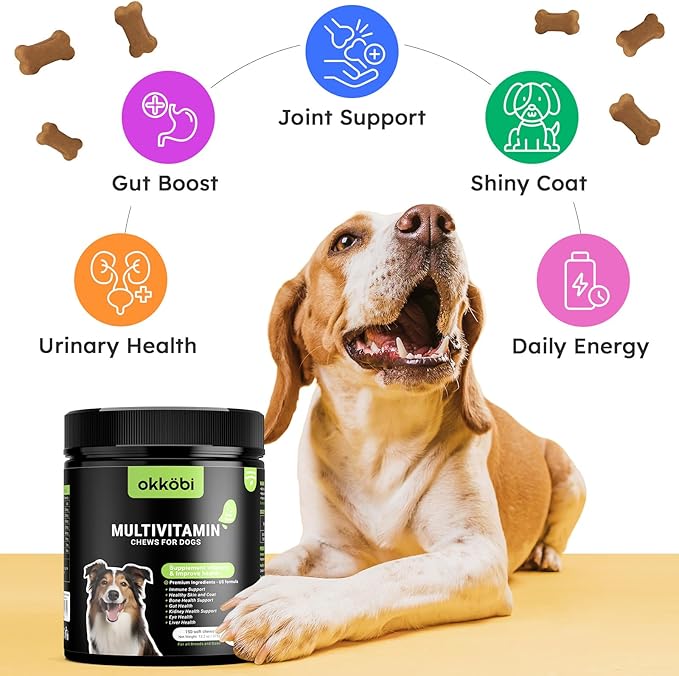 Dog Vitamins and Supplements - 150 Dog Multivitamin Chewable - Immune, Joint Support, Skin, Gut Health + Packed with Omega 3s, Glucosamine & Probiotics - Safe for Puppy - Duck