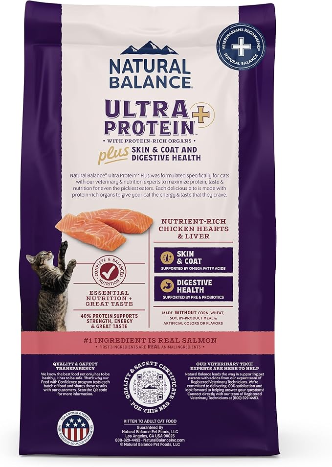 Natural Balance Ultra Protein Plus Dry Cat Food, Skin & Coat and Digestive Health Real Salmon & Chicken Meal Recipe with Chicken Liver & Chicken Heart, High Protein Cat Food for Picky Cats - 5 lbs