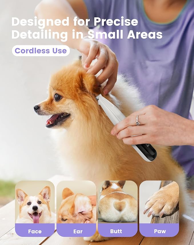 Dog Paw Trimmer with LED Light, 35dB Low Noise Paw Trimmers for Dog's Feet, 2 Speed Safety Electric Dog Clippers for Grooming, Rechargeable Cat Shaver for Paws, Ears, Face, Rump (White)