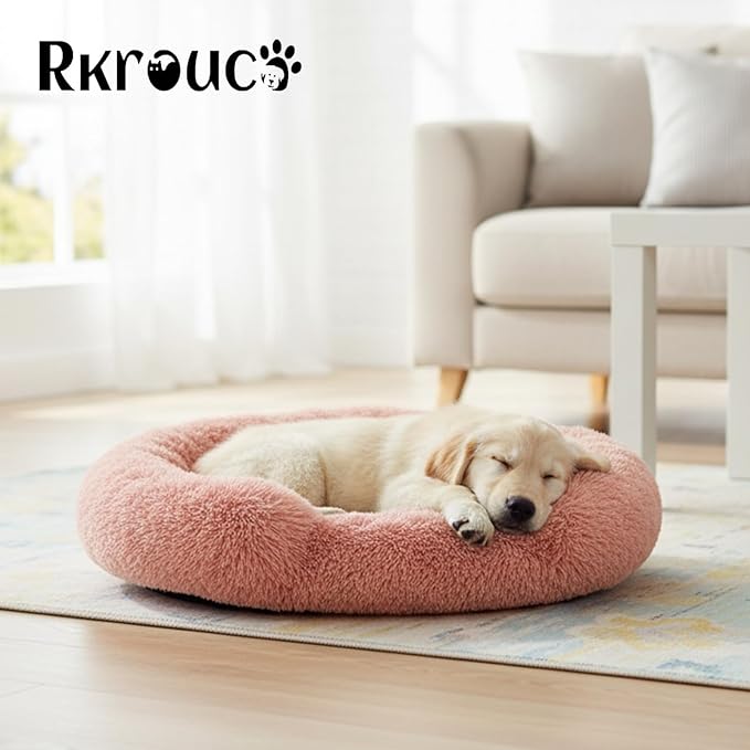 Fluffy Dog Bed Calming Donut Beds for Large Dogs Warming Round Small Medium Pet Nest Cozy Cat Mattress Indoor Washable Puppy Kennel Kittens Sleep Mat (S, 23.6×23.6 inch, Fresh Pink)