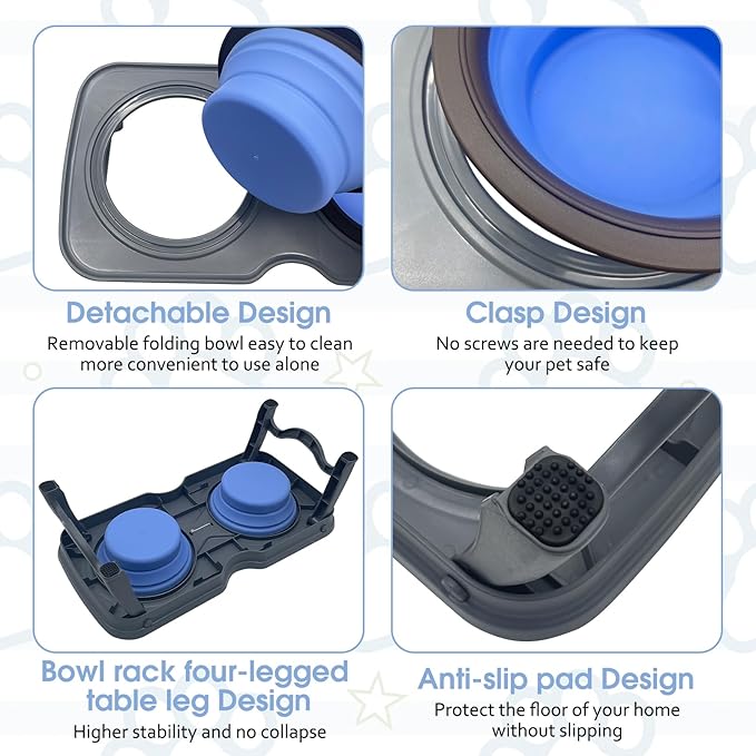 PINVNBY Elevated Portable Dog Bowl, Travel Raised Dog Stand with Collapsible Silicone Double Diner Puppy Bowls Non-Slip Dog Food Water Bowls Holder for Small Dogs and Cats - 14.6" L x 7.5" W x 3.9" H