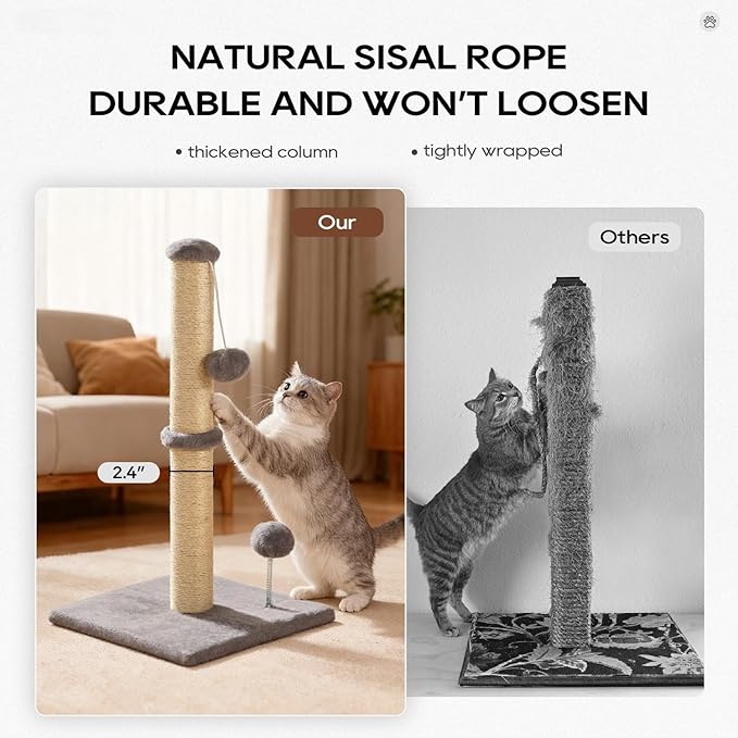 Dkelincs 22" Cat Scratching Post Premium Sisal Kitten Scratcher with Hanging Ball for Indoor Cats, Cat Scratch Post for Living Room & Bedroom, Ideal for Kittens or Smaller Cats (Light Gray, 22 Inch)