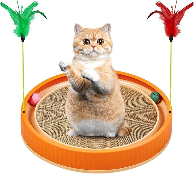 Extra-Large Round Cat Scratcher Bed with Ball Track – 3-in-1 Circular Cardboard Scratching Pad with Feather Toys – Interactive Cat Toy Round Track for Large Breeds Like Maine Coons (Orange)