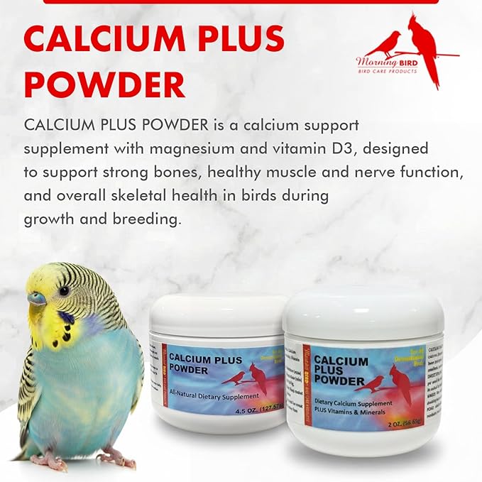 Morning Bird Calcium Plus Powder for Birds 2 oz – Calcium Supplement with Vitamin & Protein Powder – Supports Bone Health, Muscle Function & Digestive Balance – Easy-to-Mix Calcium Formula
