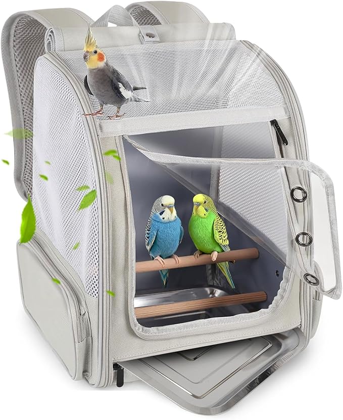 Bird Backpack Carrier with Front Zipper Opening, Portable Bird Travel Carrier Cage with 2 Standing Perches and Metal Tray, Breathable Transport Bag for Parakeet, Budgie, Conure, Cockatiel, Parrot