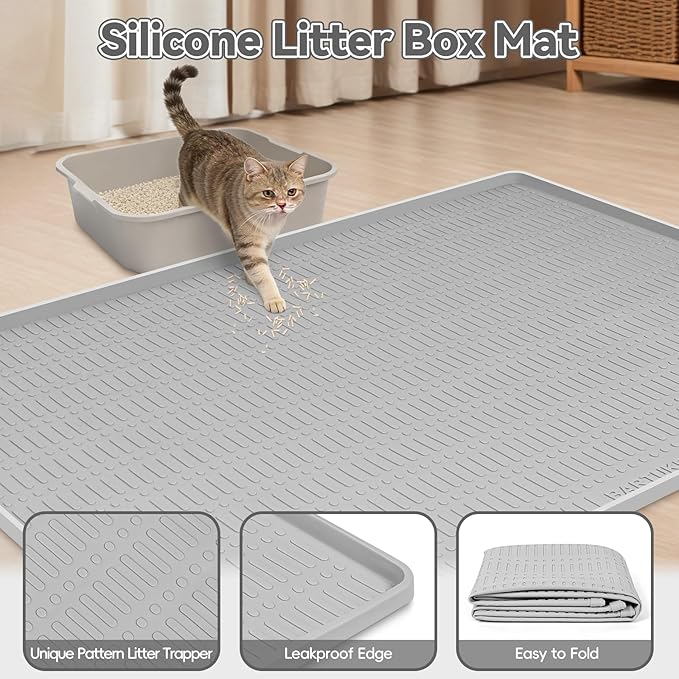 Kalolary Large Cat Litter Box Mat, 47" x 35" Silicone Litter Trapping Mat for Cats, Trapping Mat for Scatter Control with Raised Edge Waterproof Silicone Pad for Floor Easy to Clean (Light Gray)