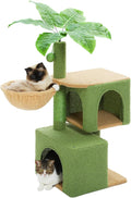 Green Cat Tree for Indoor Cats, 43" Small Cat Tower with Realistic Leaves, Scratching Posts, Dual Condos and Cozy Hammocks, Kitten Activity Center with Dangling Ball