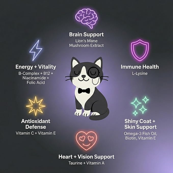 Human-Grade Cat Multivitamin | 15-in-1 Cat Vitamins for Indoor Cats + Fish Oil + L-lysine + Lion's Mane | Feline Vitamins and Supplements | 45 Day Supply of Soft Chews