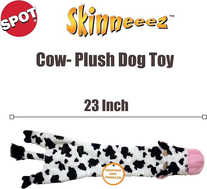 SPOT Skinneeez Crinklers Cow 23-Inch Stuffing-Free Squeaky Dog Toy – Interactive Plush Toy for Medium & Large Dogs – Mess Free Play for Light & Moderate Chewers