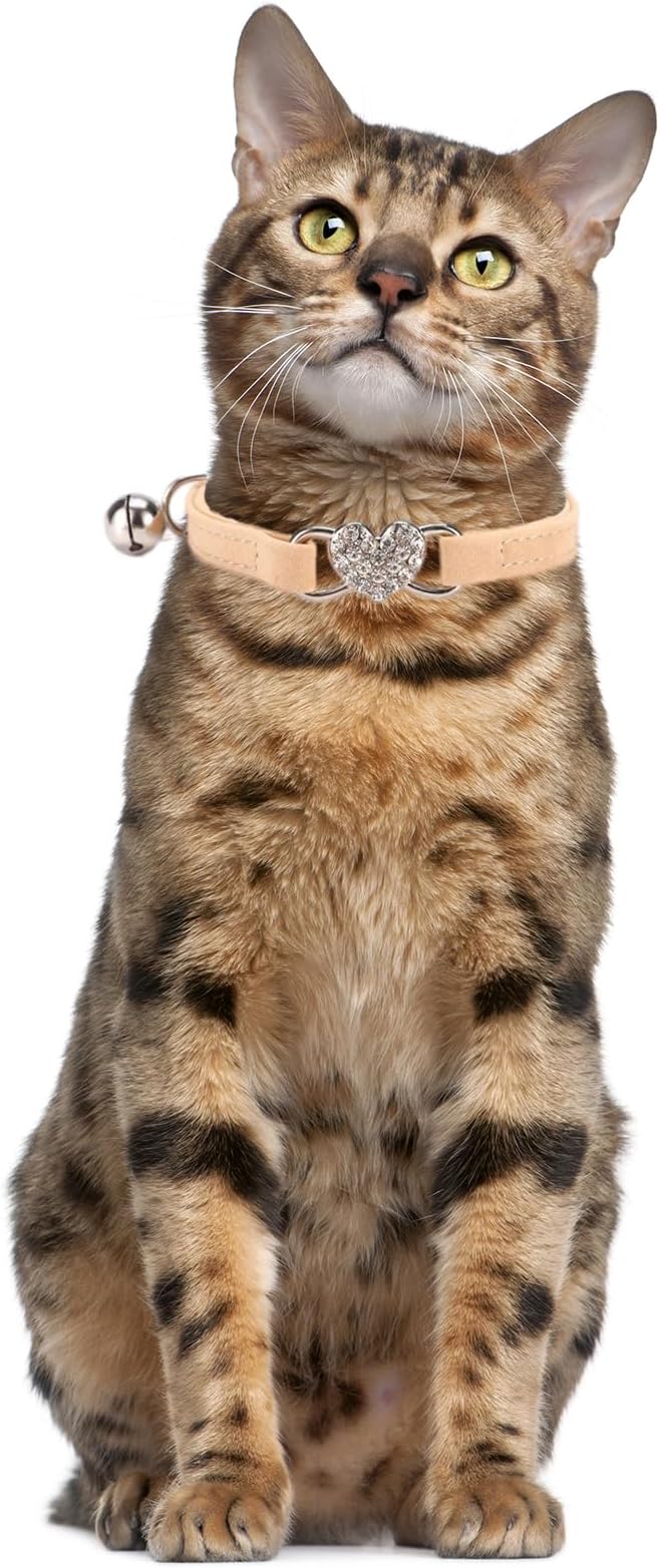 Puppy Collar with Bell, Bling Diamond Heart Soft Velvet Cat Collars with Bells for Xs Tiny Dogs Girls Pet Kitten Khaki