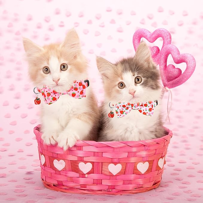 JarThenaAMCS 3Pcs Strawberry Cat Collar Pink Red Fruit Bowtie Collar with Breakaway Bell Cute Adjustable Kitten Collars for Summer Girl Boy Cat Small Pet