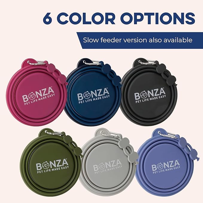 Bonza Collapsible Dog Bowls - Small 12 oz, Dog Travel Accessories, Silicone Portable Dogs Bowl & Water Dish with Reinforced Rim & Carabiner for Hiking, Camping, and Car Trips, Navy Blue