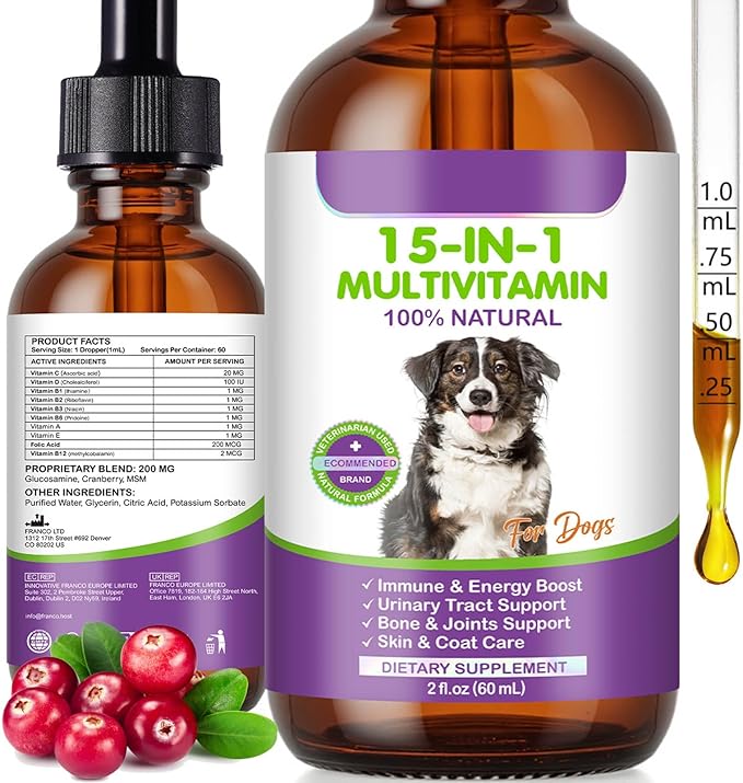 Dog Multivitamin, 15 in 1 Multivitamin for Dogs, Dog Vitamins Liquid Supplements Drops for Hip & Joint, Skin & Coat, Immune, with Glucosamine and MSM, 2 Oz