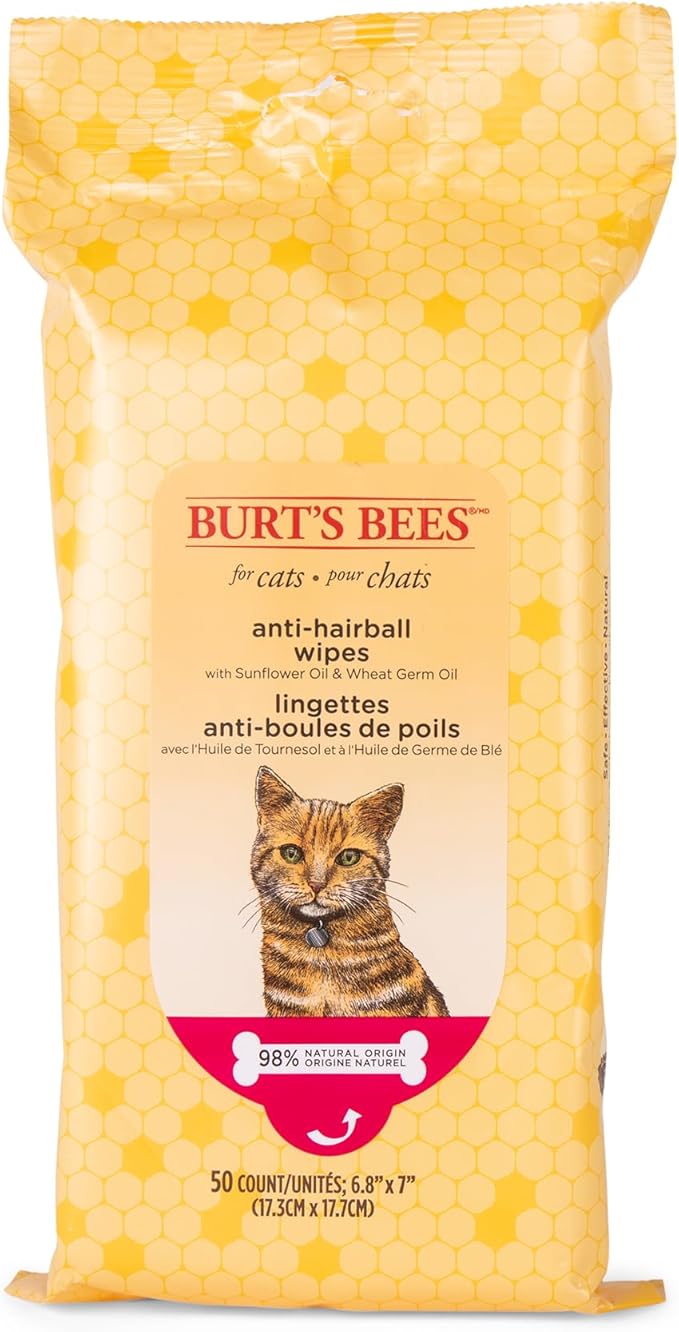 Burt's Bees for Pets Anti-Hairball Wipes for Cats, Sunflower Oil and Wheat Germ Oil, 98% Natural Origin, Cruelty-Free Cat Hairball Remedy Wipes, pH Balanced, Made in the USA, 50 Count - 6 Pack