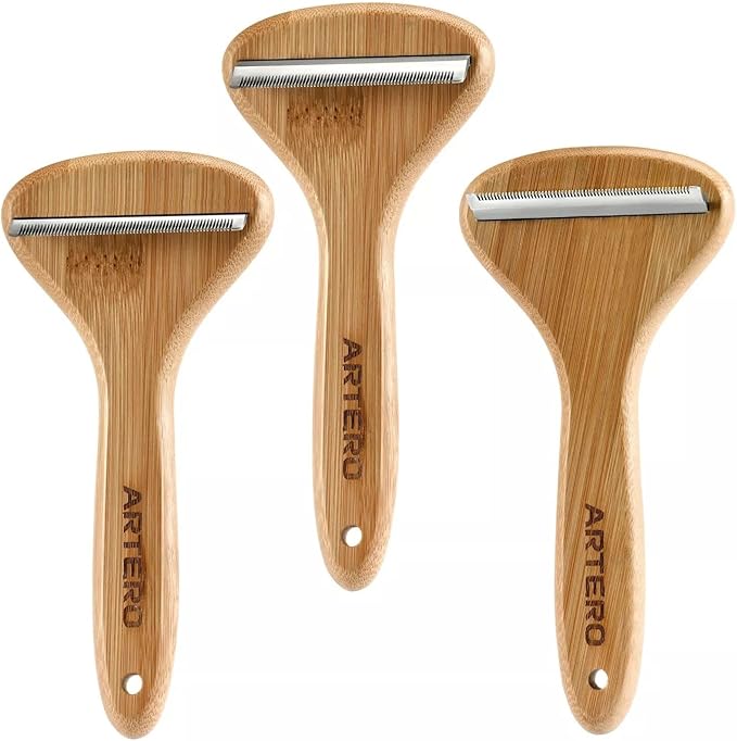 T Shaped Wood Handle Dog Deshedding Tools Loose Hair and Undercoat Removal No Damage (45 Degree)
