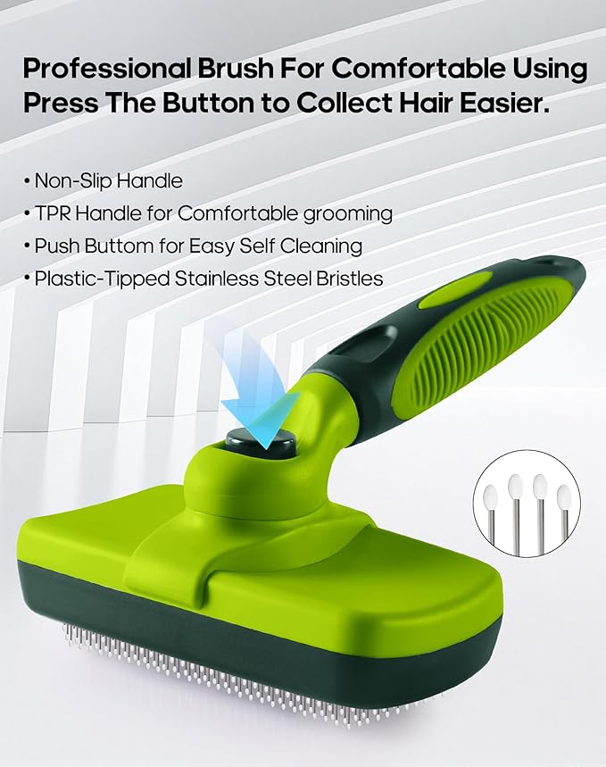 Self Cleaning Shedding Brush - Skin Friendly Grooming Tool for Dogs, Cats, and Puppies, Deshedding and Hair Removal for Long and Short Haired Pets (Green)