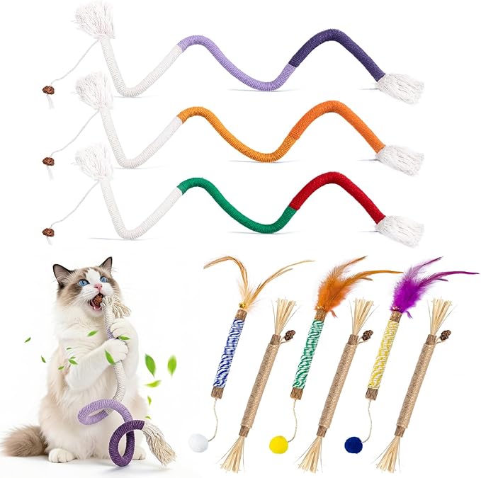 Silvervine Sticks for Cats and Cat Chew Rope Toy for Dental Care Teeth Cleaning,Interactive Cat Catnip Toys for Indoor Cats（9pcs）