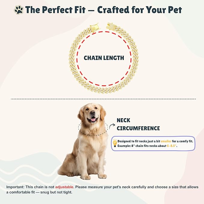 Luxury Cuban Link Dog Collar Gold Dog Chain Necklace with Diamond Rhinestones - 0.59 Inch Width Metal Pet Collar Jewelry for Small Medium Large Dogs & Cats (20 inch)