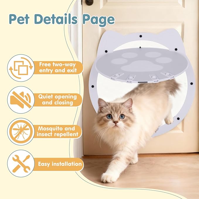 Cat Door for Screen Door, Cat Screen Door, Pet Screen Doors with Lockable Magnetic Flap for Doggy and Cat Door, 11.42 x 8.66 x 0.39in (White)