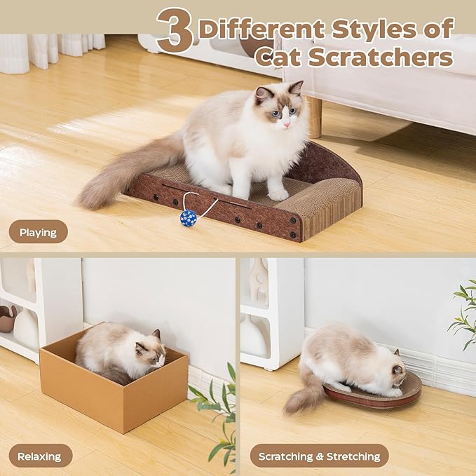 Avont Cat Scratcher Set, 3 Pcs Cardboard Cat Scratchers for Indoor Cats Durable Corrugated Cardboard Scratch Board Bed Lounge Box Toys for Kittens, Furniture Protector for Couch