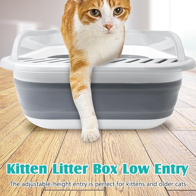 VCEPJH Collapsible Litterbox with High Sides Small Cats Litter Pan with Scoop Open Cat Litter Box Portable Travel Kittens Toilet Kitten Starter Kit for Kittens Adult and Elderly Cats (Grey)