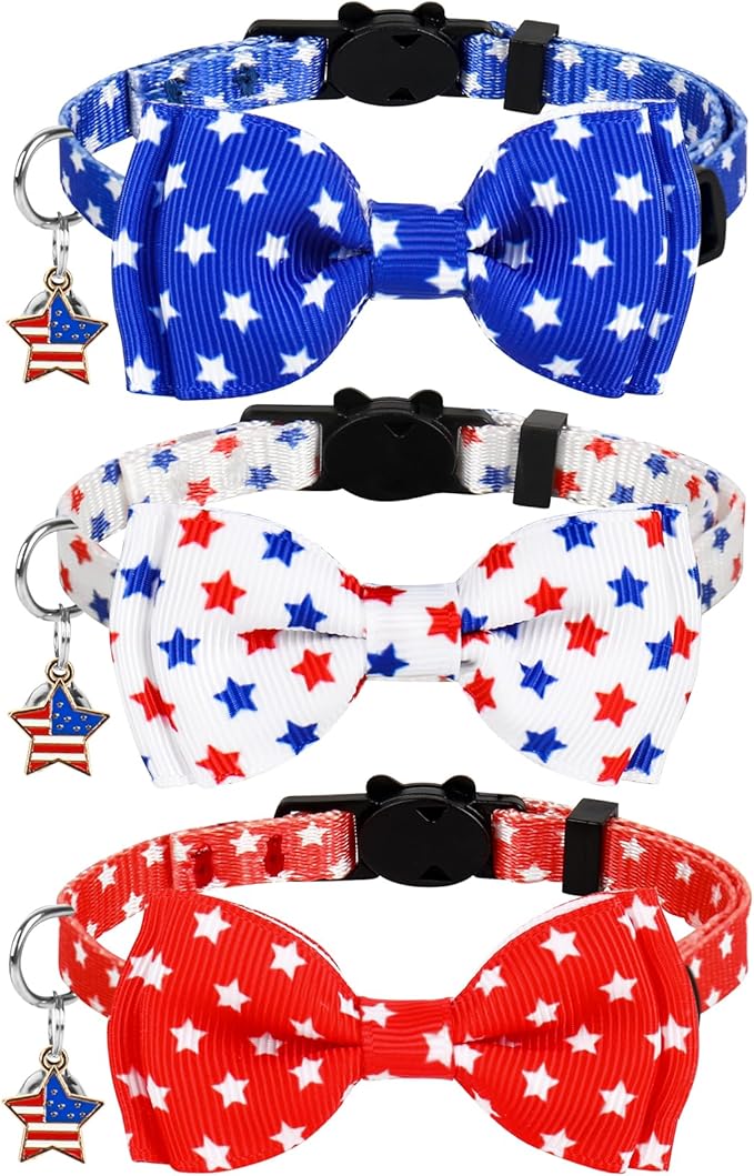 JarThenaAMCS 3Pcs Patriotic Cat Collar American Flag Star Collar with Breakaway Bell Bow Red White Blue 4th of July Adjustable Kitten Collars for 250th Anniversary Independence Day Supplies
