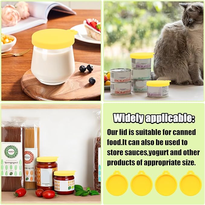 PINE & LINEN 4 Pcs 2.5inch Durable Pet Can Lids, Silicone Small Pet Can Covers Waterproof Cat Food Cans Lids for 3 oz Cat Food Cans（Yellow）
