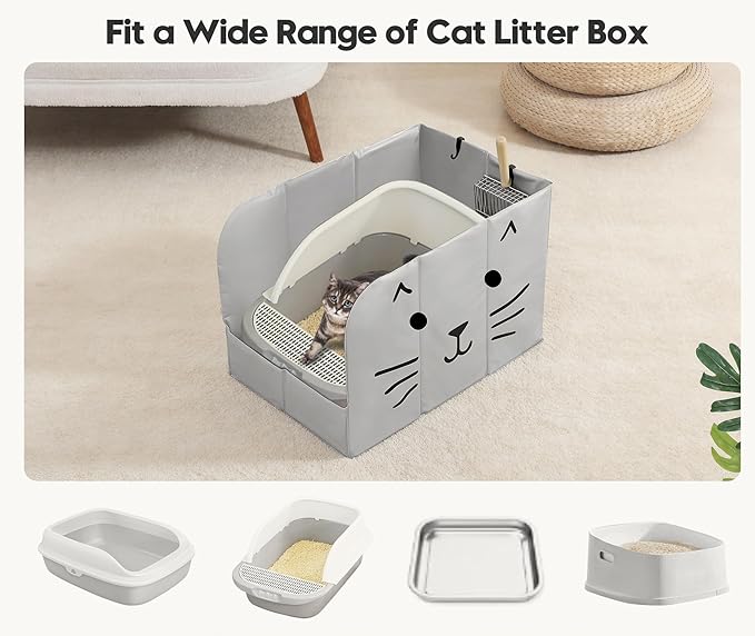 Upgraded PVC Waterproof Cat Litter Box Enclosure Splash Guard with Front Barrier, Cat Box Enclosure with Leak-Proof Bottom, Removable Mat & 2 Scoop Hooks-24.02 x 16.14 x 16.14 in