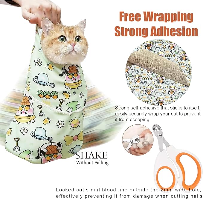 Cat Wrap for Cutting Nails, Self-Adhesive Cat Grooming Wrap Anti-Escape Anti-Scratch Calming Cat Swaddle Wrap for Nail Clipping, Medicine, Ear Cleaning, Multifuctional Pet Tool for Cat-Owner, Vet