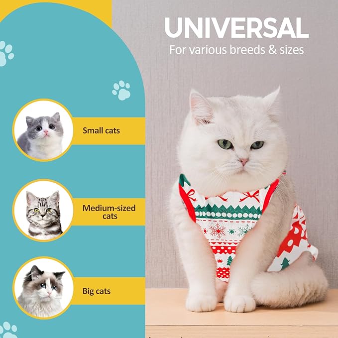 Avont Cat Recovery Suit - Kitten Onesie for Cats After Surgery, Cone of Shame Alternative Surgical Spay Suit for Female Cat, Post-Surgery or Skin Diseases Protection -Christmas(M+)
